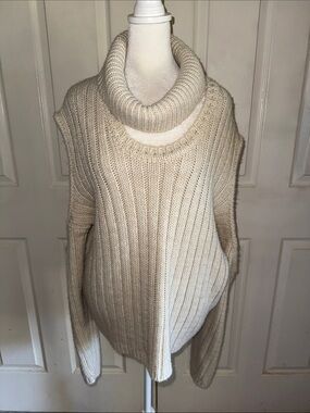 Salt Murphy Cream Wool Blend Knit Open Shoulder Open Rolled Turtleneck Sweater